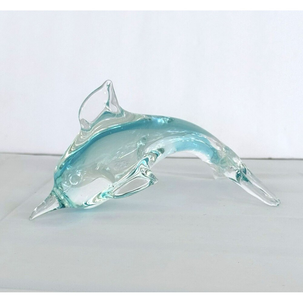 Glass Blue Aqua Dolphin Figurine Nautical Paperweight Coastal Fish Decor Ocean